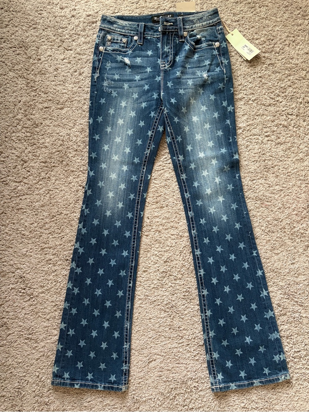 Miss Me Dark Blue Star-Print Flare Jeans